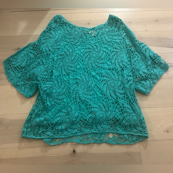 Roaman's Tops - Roaman's 3X Relaxed Pullover Crochet Top And Tank Minty Teal Medallion Cotton